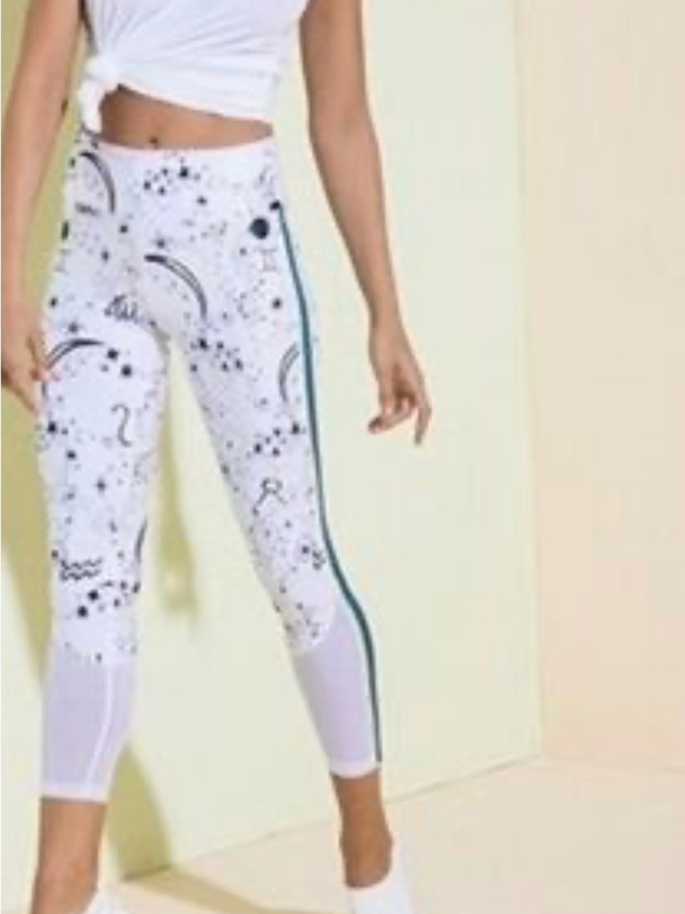 Nanette Lepore White Space-Print Leggings with Blue and Yellow Side Stripes